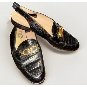 Salvatore Ferragamo Crocodile Gancini-Plaque Leather Slingback Gold Loafers 7B